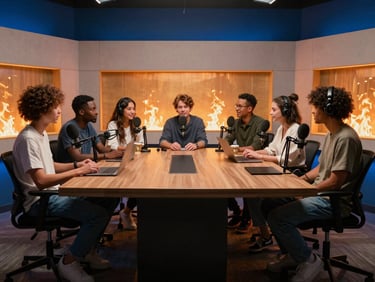 Diverse group of young adults in a modern studio setting, recording a podcast, warm lighting, subtle fiery-orange accents, deep blue shadows