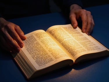 Open Bible with golden light illuminating a passage, hands gently resting on pages, cinematic, deep blue shadows, warm gold and fiery orange accents