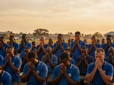 Panoramic shot of a mission team praying over a community in a developing country, golden hour lighting, diverse faces.