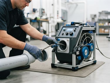 Clean high-tech commercial photography of a robotic drain cleaning machine with rotating steel cables inserted into a clean pipe, professional technician hands guiding it, bright white daylight, 35mm