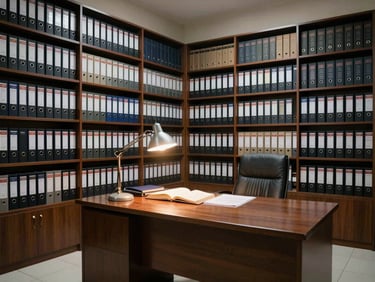 Wide shot of a Colombian law office interior, rows of labeled case binders on floor-to-ceiling shelves, a working desk with open statute books and a desk lamp casting hard directional light, no people present, institutional clarity