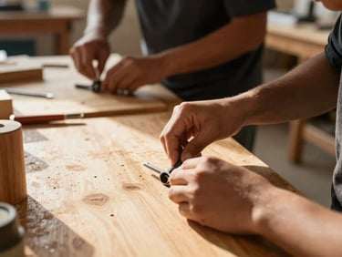 Candid close-up of hands-on vocational training, a student working with tools on a wooden workbench in a bright, sunlit workshop, warm natural light, rich earth tones, 35mm lens