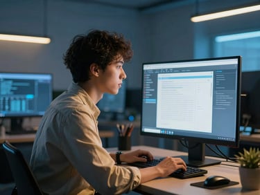 Profesional joven trabajando en una interfaz de IA avanzada, con tonos azules y dorados, enfoque en la pantalla y expresión de concentración, iluminación de estudio fría.