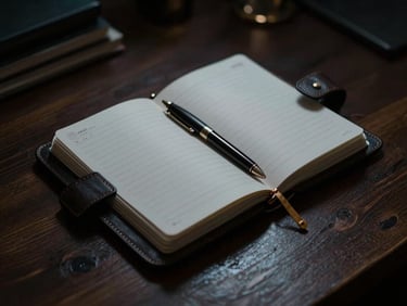Moody cinematic photography of a structured leather planner and a dark metal pen on a dark wooden desk, dramatic low-key lighting, 35mm.