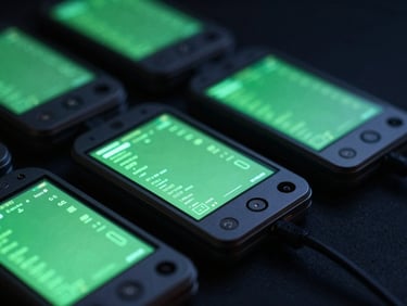 Macro shot of physical Android test rigs in a dark studio, glowing electric green screens displaying technical diagnostic metrics, shallow depth of field