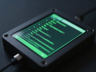 Macro shot of a physical Android test rig in a dark studio, glowing electric green screen displaying a high-fidelity code compiler, moody low-key lighting, shallow depth of field.