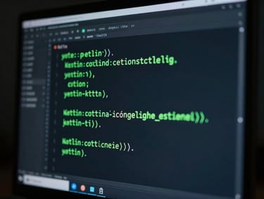 Close-up of clean Kotlin code displayed on a high-resolution IDE monitor, glowing electric green syntax highlighting, dark studio setting