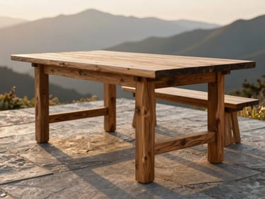 A heavy timber outdoor table on a stone patio overlooking mountain peaks, low-angle golden-hour sunlight