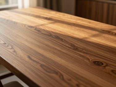 Close-up of a solid walnut dining table top showing rich natural grain, warm golden-hour window light, shallow depth of field