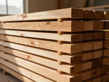 Warm editorial photography of stabilized timber slabs stacked in a clean workshop, soft directional window light, rich natural wood tones, 35mm