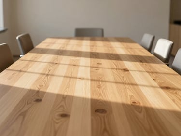 A long white oak conference table in a modern architectural boardroom, soft natural light, minimalist design