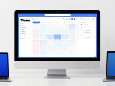 A sleek desktop monitor showing a modern calendar booking interface with clear time slots, bright minimalist workspace