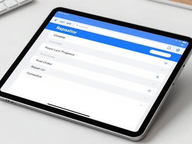 A close-up of a tablet displaying a repair order workflow on a clean workbench, soft daylight, professional SaaS interface