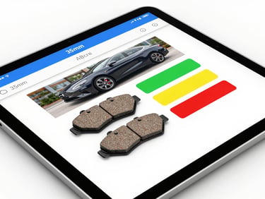 Crisp tablet interface showing an automotive digital vehicle inspection report with brake pad photo and green yellow red status indicators, bright studio lighting