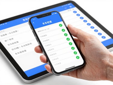 A hand holding a mobile phone showing a digital vehicle inspection checklist with green checkmarks, high-key studio lighting