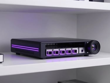 Close-up of a futuristic glowing network router on a white modern shelf, purple light trails, clean tech aesthetic