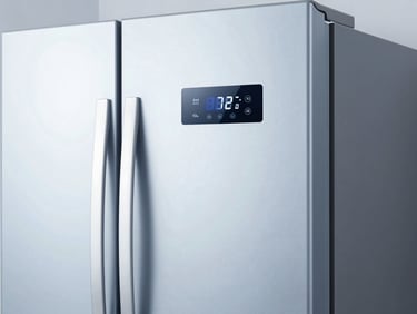 Close-up of a modern stainless steel refrigerator door and digital temperature display, cool metallic tones.