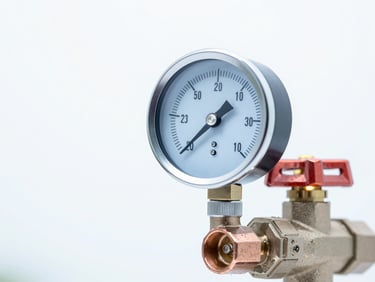 Close-up of a copper geyser valve and pressure gauge under bright high-key lighting.