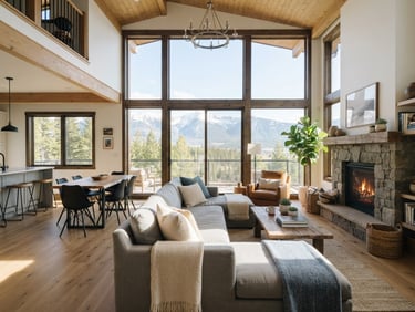 Bright sunlit modern mountain home interior, clean lines, natural daylight streaming through large windows, soft shadows, 35mm lens