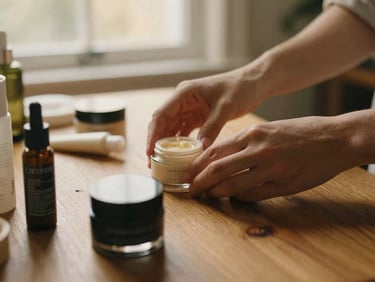 Close-up of hands arranging premium lifestyle products on a warm wooden table, soft golden hour light, shallow depth of field