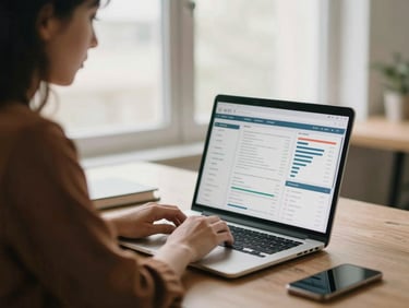A professional creator reviewing campaign analytics on a laptop screen in a bright, modern workspace, soft natural light