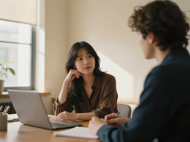 A collaborative meeting between two creative professionals in a warm cream-walled office, gentle window shadows
