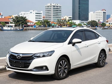Vibrant daylight photo of a clean modern white sedan parked near Ninh Kieu wharf in Can Tho, sharp focus, bright commercial photography style
