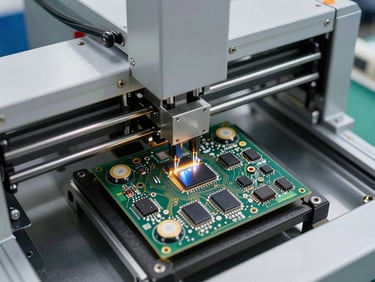 Overhead view of an SMT automated pick-and-place machine in operation, LED components visible on circuit boards under bright factory lighting, tight macro framing showing component placement precision