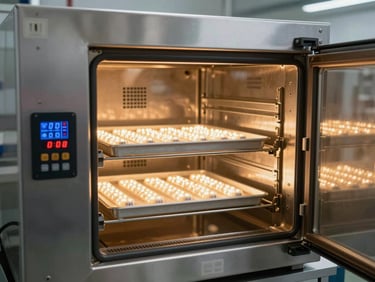 Thermal aging oven with LED assemblies on trays, temperature display visible, hard side-lighting on stainless steel chamber door, industrial laboratory environment