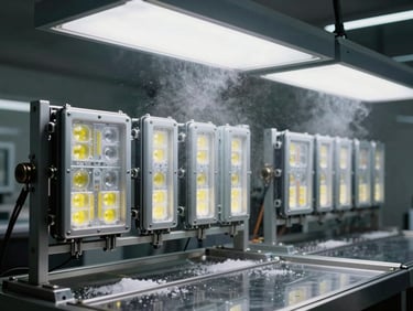 Salt-spray test chamber interior with automotive LED modules mounted on racks, fine mist visible under laboratory lighting, overhead angle showing systematic test array