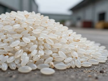 Close-up of polished white rice grains poured onto a flat surface inside a warehouse, even overcast daylight, no text or labels visible