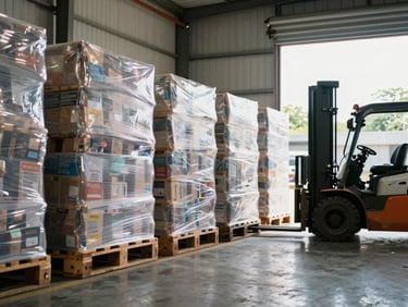 Wide shot inside an Indonesian warehouse loading bay, palletized goods wrapped in stretch film lined along the left wall, a forklift partially visible at right, harsh natural daylight through open bay doors, no people in foreground