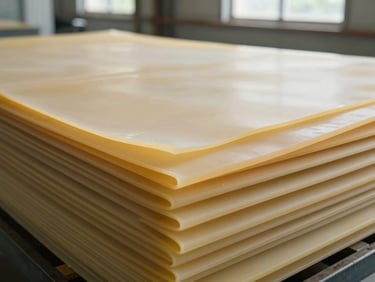Tightly framed detail of raw natural rubber sheets stacked in a processing facility, pale yellow-amber tones, diffused daylight from high windows