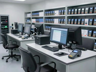 Interior of a clean, organized IT logistics center with technician stations, modern diagnostic equipment, and shelves of boxed payment terminals.