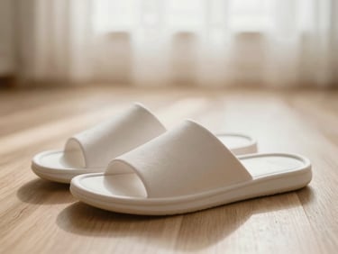 Close-up of a flexible slipper sole resting on a light oak floor, soft shadows