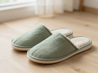 Close-up of sage green cotton slippers on a light oak floor, soft morning light