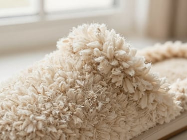 Detailed texture shot of dense, soft cream-colored plush lining inside a slipper