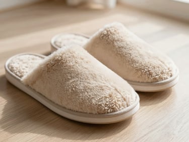 Close-up of warm beige plush slippers resting neatly on a light wood floor, soft shadows