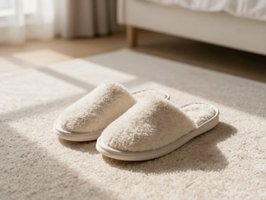 A pair of warm plush slippers neatly folded by a bedside on a soft rug, warm morning indoor shadows, minimalist lifestyle.
