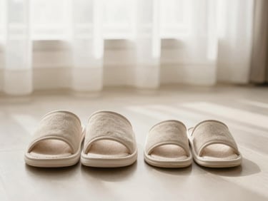 Two pairs of matching beige slippers, one adult and one child size, side by side on a clean floor