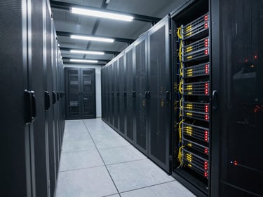 Wide shot of a server room corridor under cold fluorescent lighting, cable-managed rack units with status LEDs active, clean floor, no people, sharp technical detail
