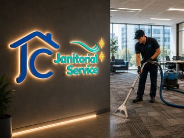 Professional janitor vacuuming office carpet near a glowing JC Janitorial Service company logo.
