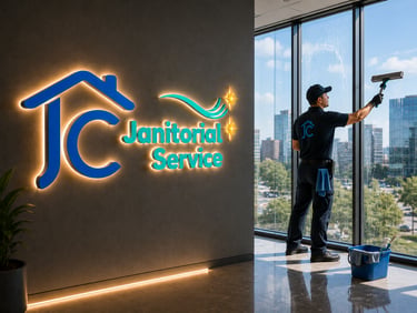 Professional janitor cleaning high-rise office windows next to a backlit JC Janitorial Service company logo.