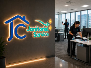 Professional JC Janitorial Service staff cleaning desks and windows in a modern office building.