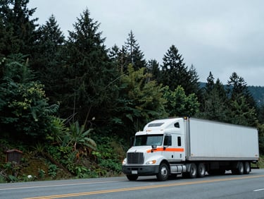 Panoramic view of a commercial truck driving through a lush, green Pacific Northwest landscape, highway visible, overcast daylight, cool tones, 35mm
