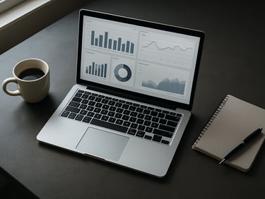 Overhead shot of a desk with a laptop showing a dashboard interface with data charts and clean grid layout, natural window light from the left, matte surface texture