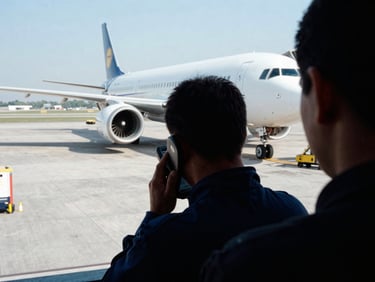 Over-the-shoulder shot of an airport ground crew member using a mobile device on the tarmac, aircraft in background, harsh daylight, deep shadows, 35mm film grain.
