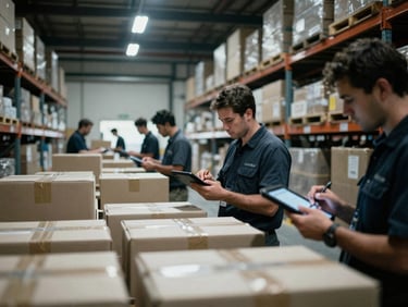 Wide shot of a logistics warehouse, workers using ruggedized tablets to scan packages, high-contrast cool lighting, deep shadows, 35mm film grain.