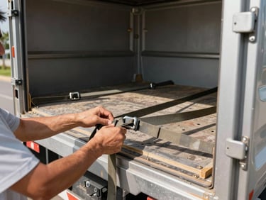Hands securing cargo straps on a secured cargo bed of a clean medium-duty truck, industrial setting, bright natural daylight, realistic, sharp focus, 35mm