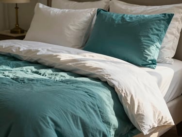 Sun-drenched luxury bedroom with a neatly made bed featuring layered white and teal cotton bedsheets and quilts, soft natural light, close-up on fabric texture, elegant and inviting.